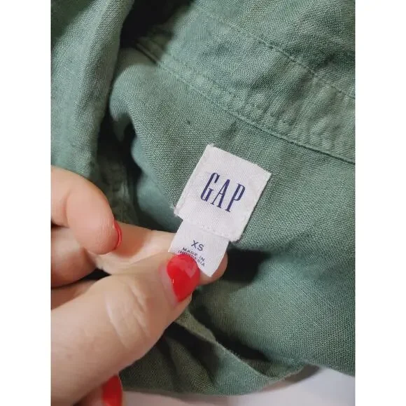 Gap Womens XS Boyfriend Tunic Top 100% Linen Popover Green Long Sleeve - Picture 6 of 12